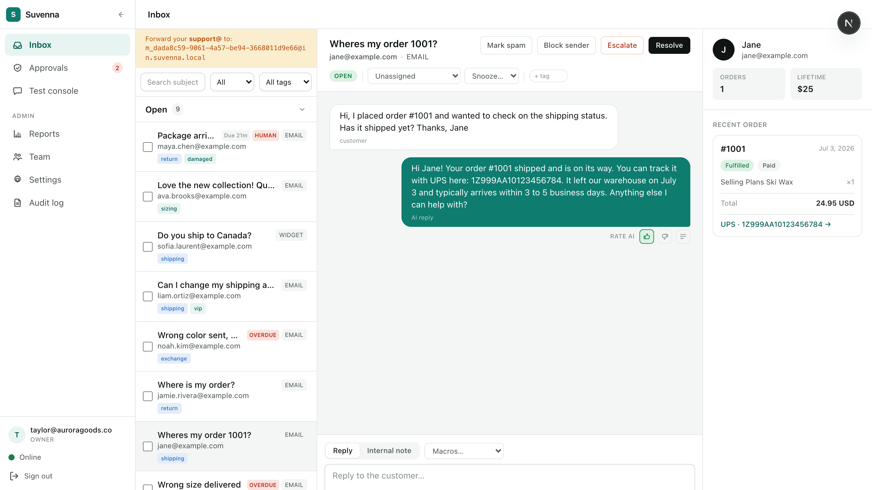The Suvenna inbox: a customer conversation with an AI reply, SLA badges, saved views, and the order sidebar